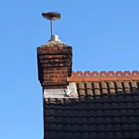 traditional chimney sweep brush head out of the chimney